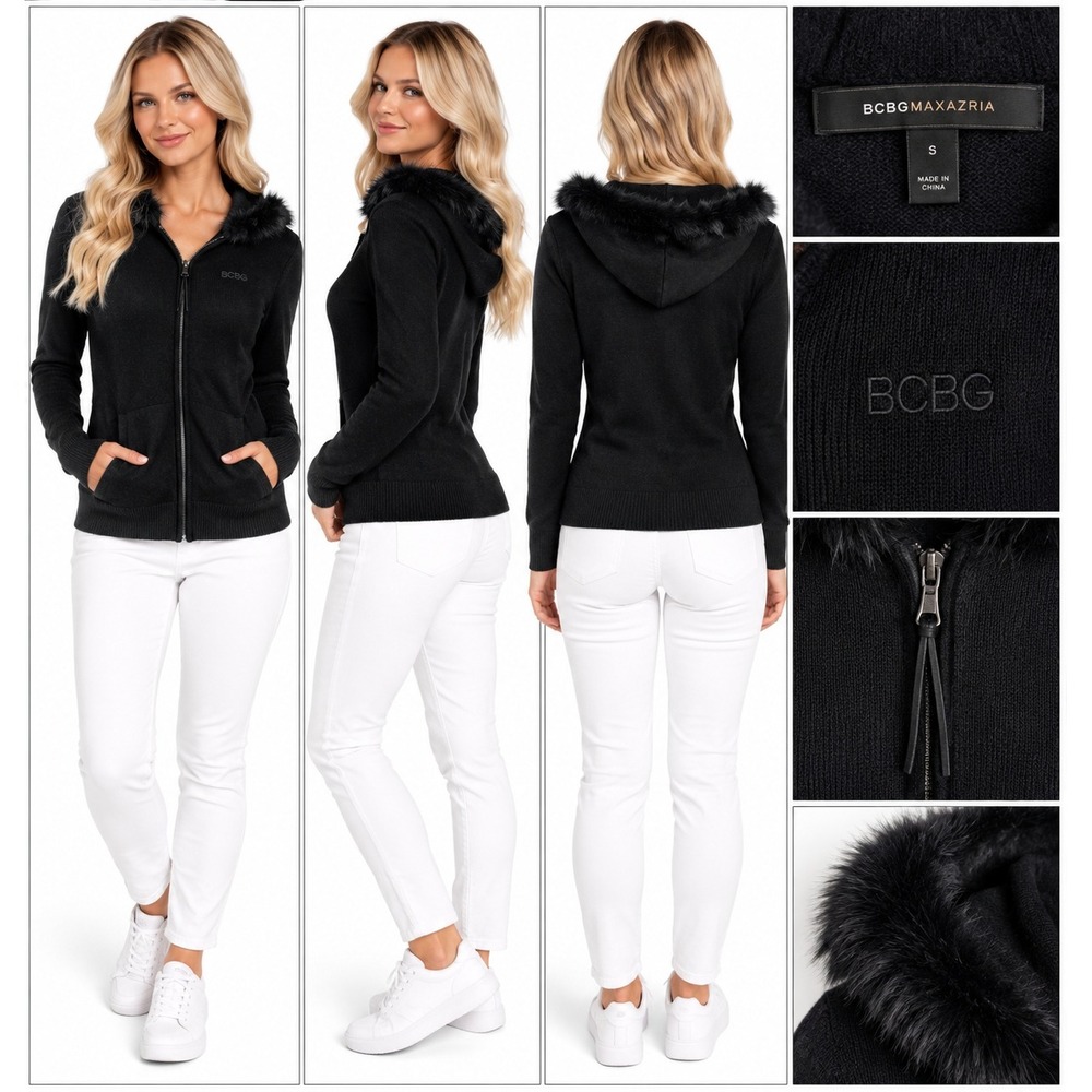 BCBGMAXAZRIA S Black Faux Fur Hood Full Zip Sweater Y2K McBling Glam NWT